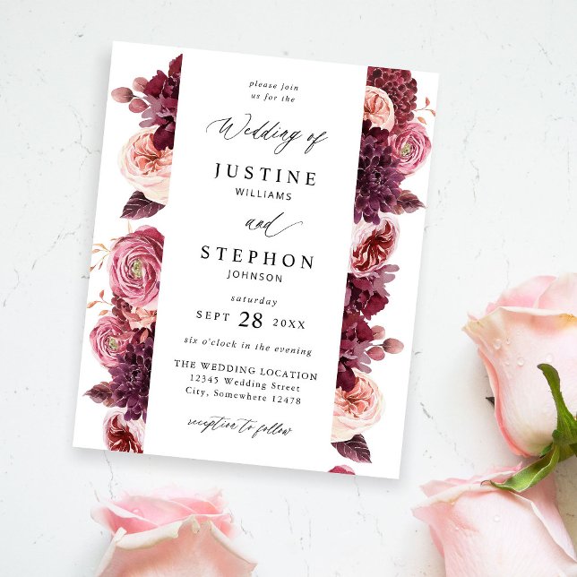 Budget Burgundy & Rosa Blommigt 8B Bröllop Flygblad (Skapare uppladdad)