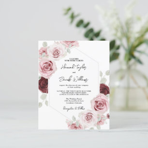 Budget Burgundy Rosa Blommigt bröllopsinbjudan