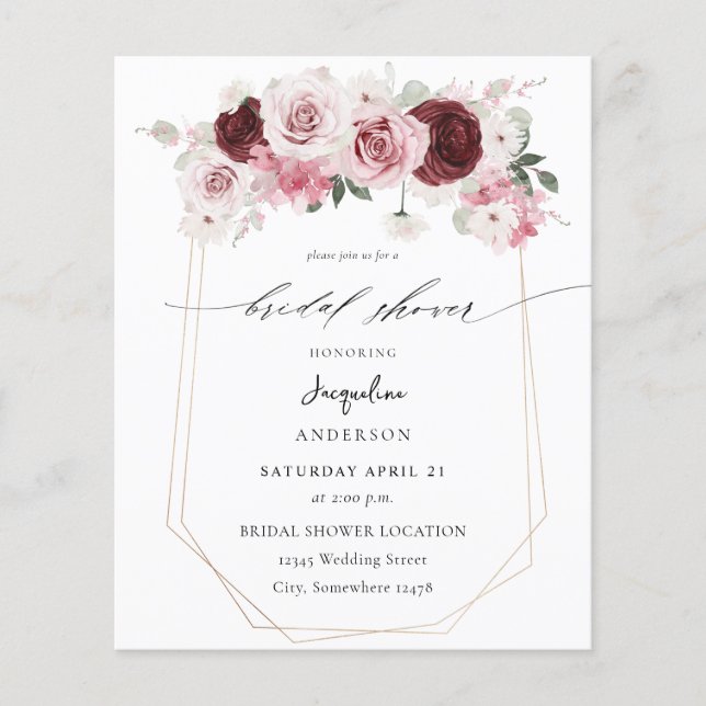 Budget Burgundy & Rosa Ele Blommigt Möhippa 2 Flygblad (Framsidan)