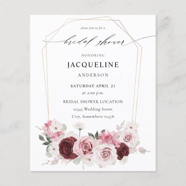 Budget Burgundy & Rosa Ele Blommigt Möhippa 2 Flygblad (Framsidan)