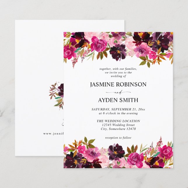 Budget Burgundy, Rosa och Lila Blommigt Bröllop (Fram/baksida)