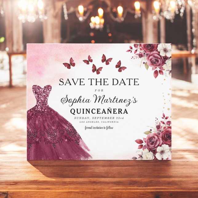 Budget Burgundy Save Date Birthday Quinceanera Flygblad (Skapare uppladdad)