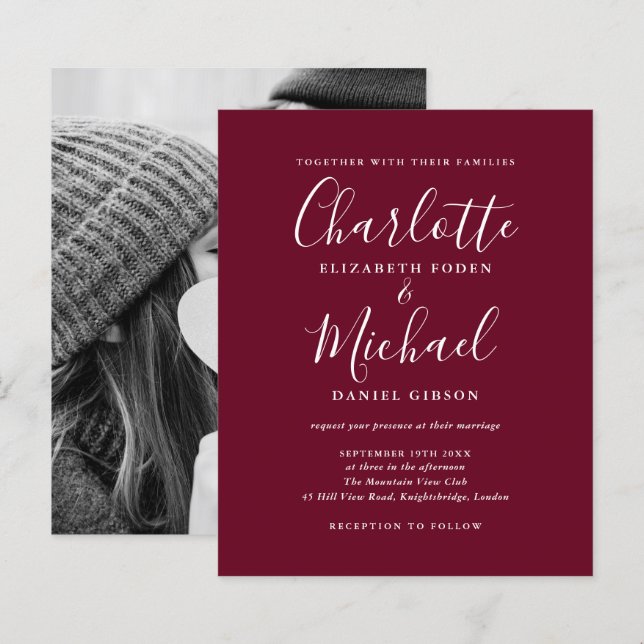 Budget Burgundy Script Foto Bröllopsinbjudan (Fram/baksida)