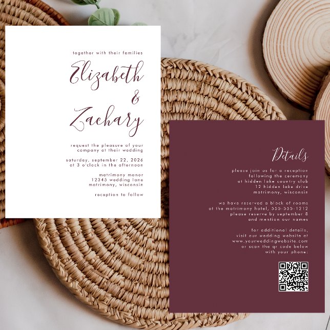 Budget Burgundy Script QR-kod Bröllopsinbjudan (Skapare uppladdad)