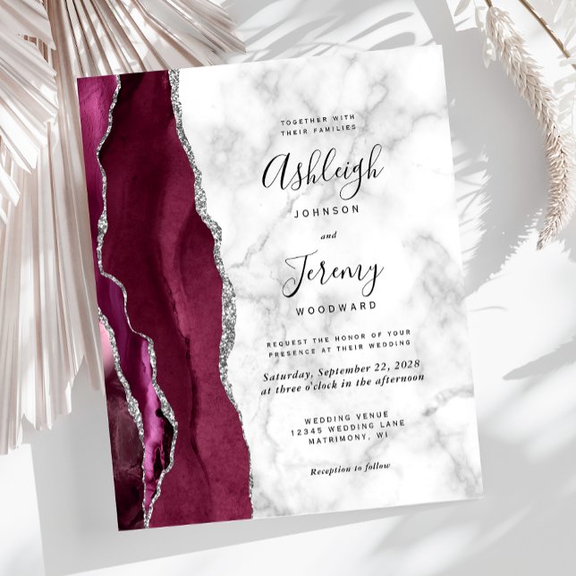 Budget Burgundy Silver Agat Marmor Bröllopsinbjuda (Skapare uppladdad)