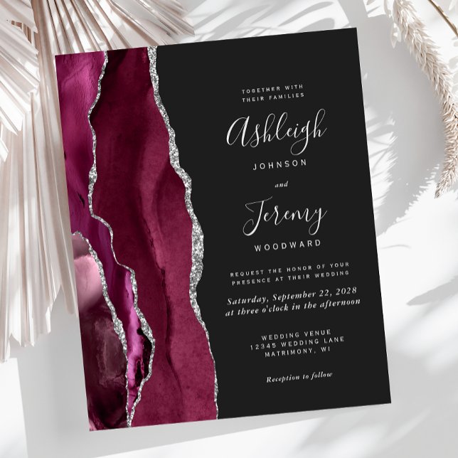 Budget Burgundy Silver Agat Mörkt Bröllopsinbjudan (Skapare uppladdad)
