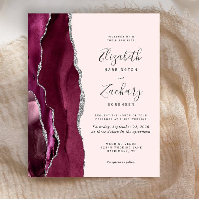Budget Burgundy Silver Agate Blush Wedding Invite (Skapare uppladdad)