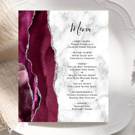 Budget Burgundy Silver Agate Marble Bröllop Menu