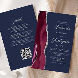 Budget Burgundy Silver Agate Navy QR-kod Bröllop