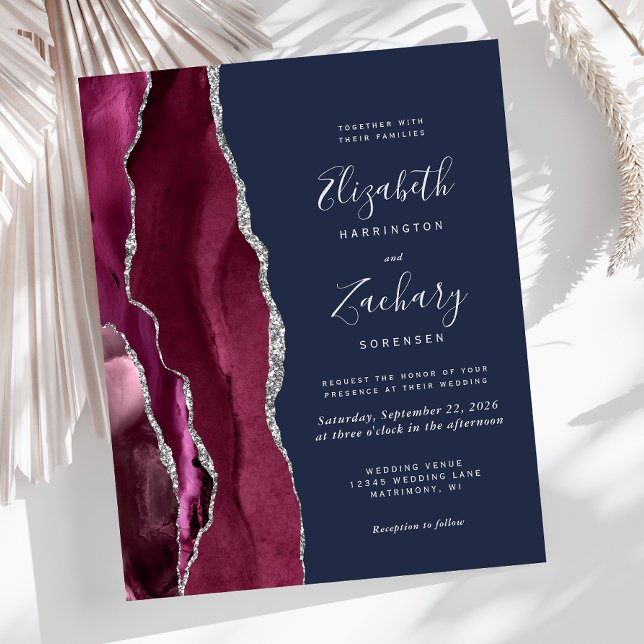 Budget Burgundy Silver Agate Navy Wedding bjudande (Skapare uppladdad)