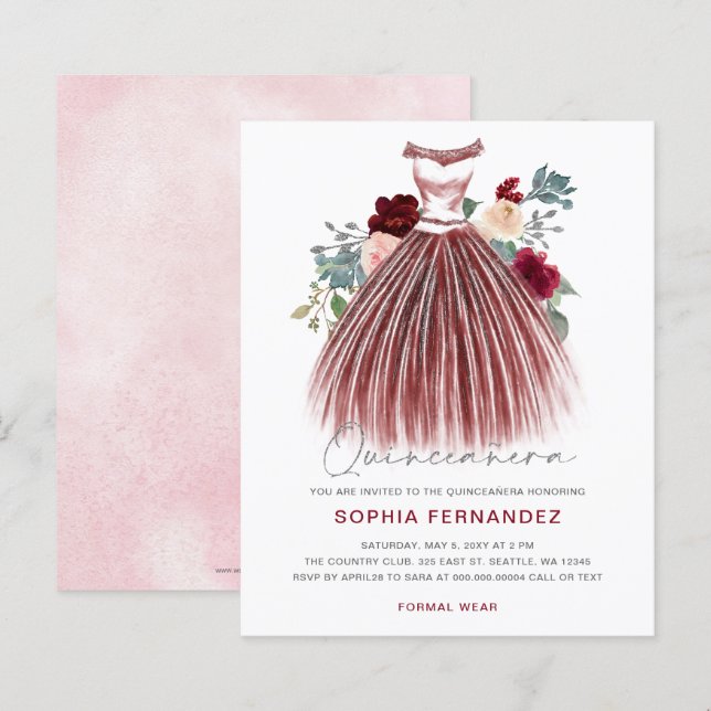 Budget Burgundy Silver glitter Dress Quinceañera (Fram/baksida)