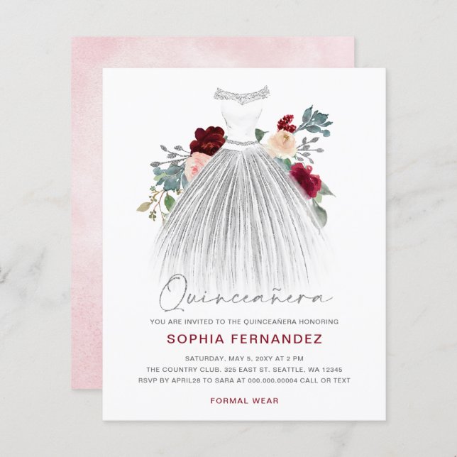 Budget Burgundy Silver glitter Dress Quinceañera (Fram/baksida)