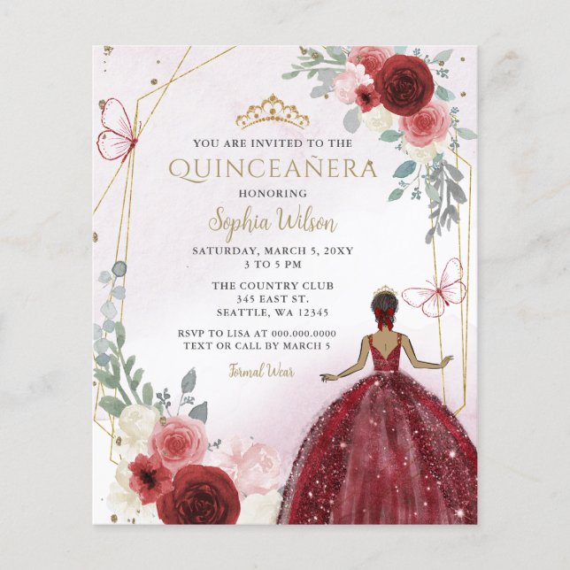 Budget Burgundy Tan Princess Quinceañera Inbjudan (Framsida)