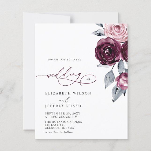 Budget Burgundy White Floral Wedding Invitations (Framsida)