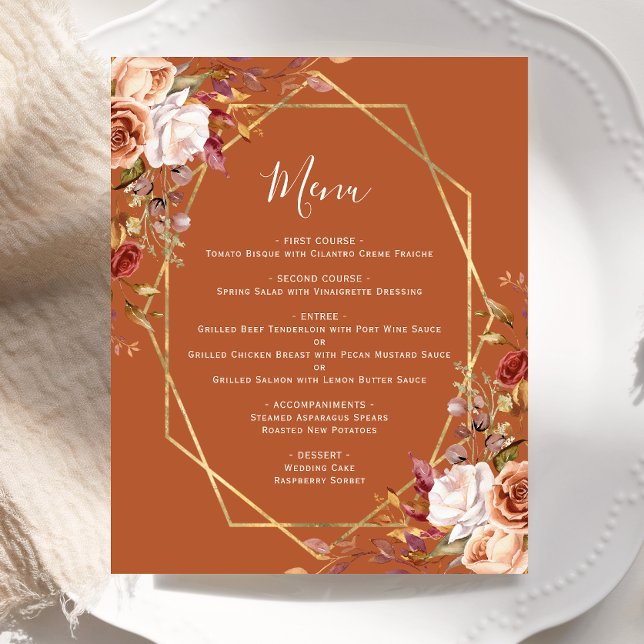 Budget Burnt Orange Fall Floral Wedding Menu (Skapare uppladdad)