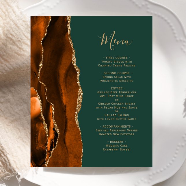 Budget Burnt Orange Guld Agate Grönt Bröllop Menu (Skapare uppladdad)