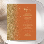 Budget Burnt Orange Guld Glitter Bröllop Menu<br><div class="desc">Den moderna bröllop-menyn på den lämnat kant i eleganten har en guld faux glitter gräns. Anpassadet kombinerar guld-färgad-handskriftsskript och kopparplåt-typsnitt på en brinnad orange-bakgrund. Den omvända sidan har en matchande bränd orange och guld glitter.</div>