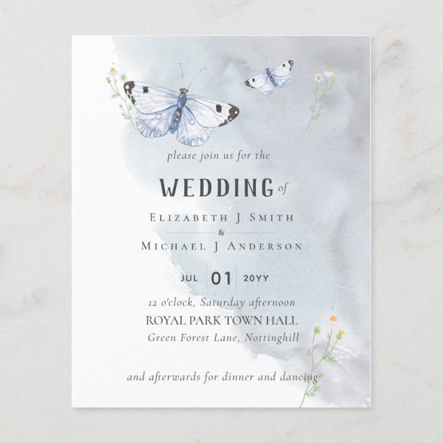 BUDGET Butterflies Dusty Blue Bröllop Flyer (Framsidan)