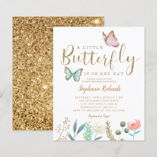 Budget Butterfly Garden Guld Baby Shower Inbjudan (Fram/baksida)