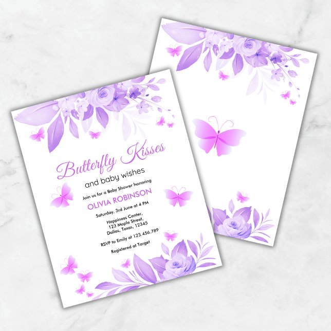 Budget Butterfly Kisses Baby Shower-inbjudan (Budget Purple Butterfly Kisses & Baby Wishes Baby Shower Invitation )