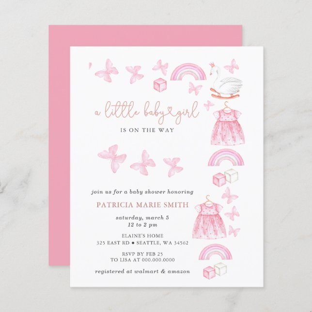 Budget Butterfly Pink Girl Baby Shower Invite (Fram/baksida)