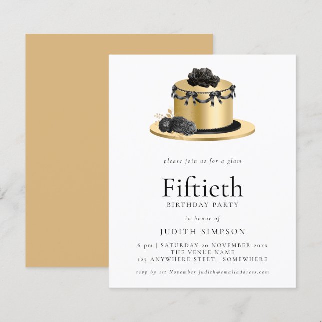 Budget Cake Guld Black 50:e födelsedagsinbjudan (Fram/baksida)
