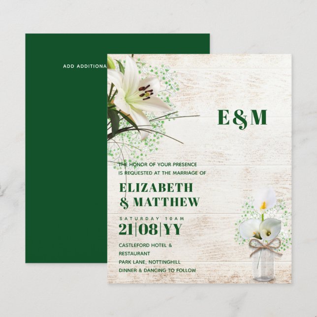 BUDGET Calla Lilies Chic Shabby Wedding bjudande (Fram/baksida)