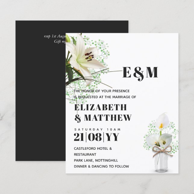 BUDGET Calla Lilies Chic Shabby Wedding bjudande (Fram/baksida)