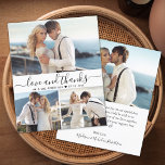 Budget Calligraphy Collage Bröllop Tack Flygblad<br><div class="desc">Budget, minimalistisk Modern Elegant, "Kärlek och tack", skript 3 Photo Collage Bröllop Tack-personlig, prisvärd lågbudgetflygare. Snyggt bröllop tackar dig för en papper mall med fyra (3) foto på framsidan och ett foto på baksidan. Med texten "Kärlek och tack" i ett snabbt och välskrivet skrivmanusskript med svart smak på vit bakgrund....</div>