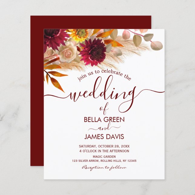 Budget Calligraphy Fall Foliage Wedding bjudande (Fram/baksida)