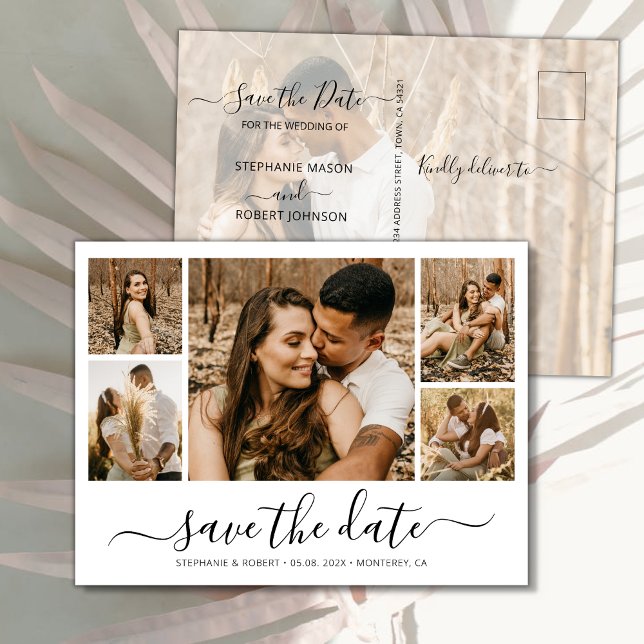 Budget Calligraphy Photo Collage Save The Date Meddelande Vykort (Skapare uppladdad)