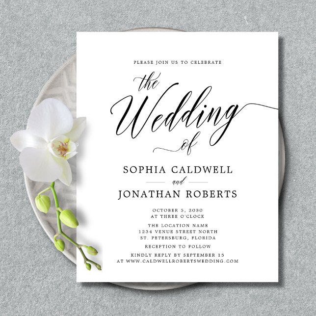Budget Calligraphy-webbplats OSA Wedding-inbjudan (Budget Wedding Invitation - Website RSVP - Elegant Splendor Calligraphy - Black and White)