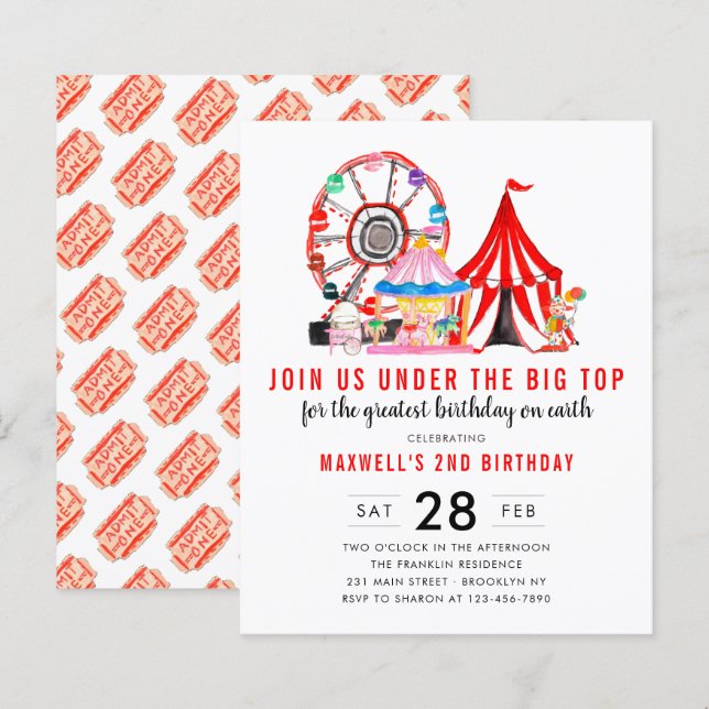 Budget Carnival Circus show Birthday-inbjudan (Fram/baksida)
