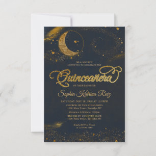 Budget Celestial Blue Guld Star Måne Quinceanera Anteckningskort