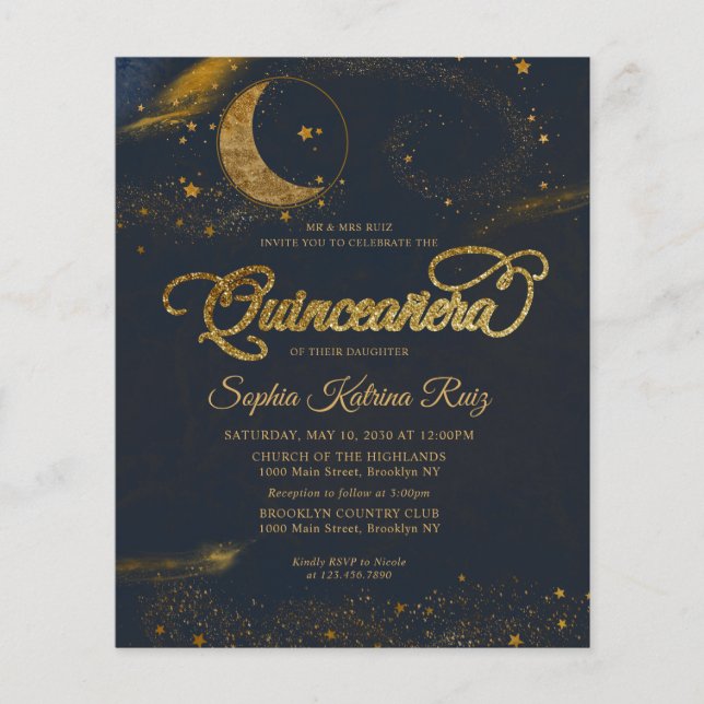 Budget Celestial Midnight Blue Stars Quinceanera (Framsida)