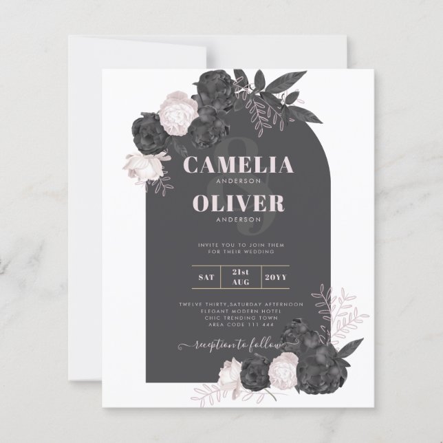 BUDGET Charcol Grått Rosa ros Wedding INVITE (Framsida)