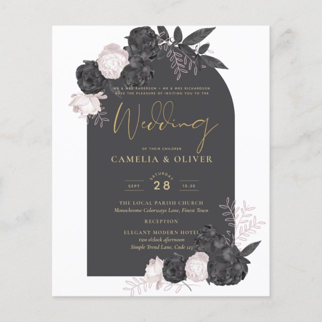 BUDGET Charcol Grått Rosa ros Wedding INVITE Flygblad (Framsidan)