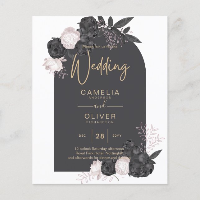 BUDGET Charcol Grått Rosa ros Wedding INVITE Flygblad (Framsidan)
