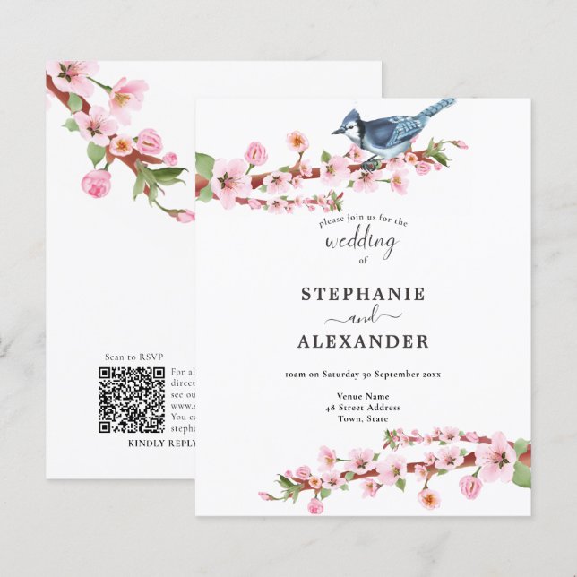 Budget Cherry Blommar Blue Bird QR Wedding bjudand (Fram/baksida)