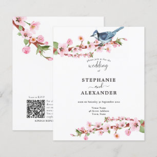 Budget Cherry Blommar Blue Bird QR Wedding bjudand