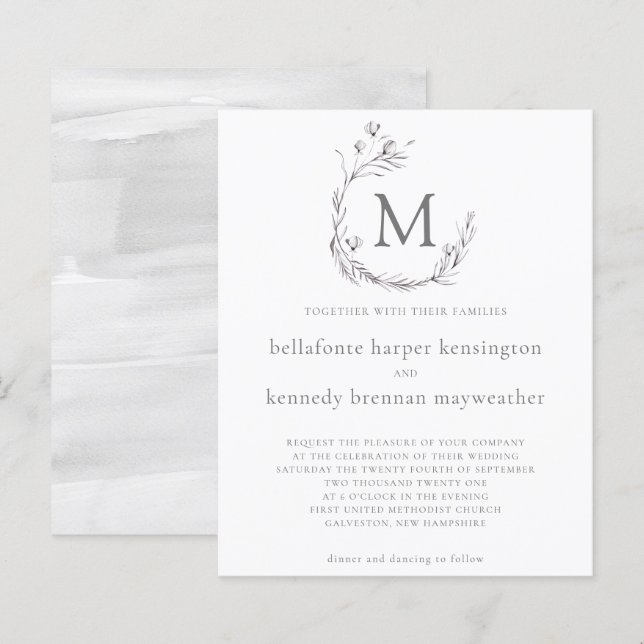 BUDGET Chic Grå Vit Akvarell Blommig Bröllop (Fram/baksida)