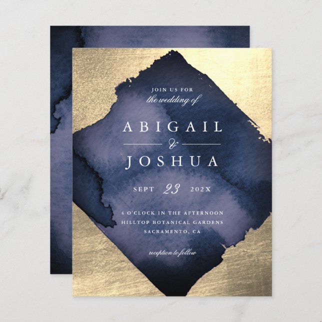 Budget Chic Guld Diamond Navy Watercolor Bröllop (Fram/baksida)