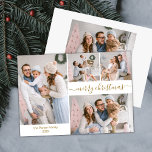 Budget Chic Script 5 Photo Collage julkort<br><div class="desc">Budget, minimalistisk, Elegant Calligraphy Guld Script 5 Photo Collage "God jul" Script Helgdag Thin Card i guld white. Den här snygga, enkla, visuella, fem (5) fotokortmallen (på bild 4 och bild 1) har en söt rutnätsfotokollage och säger "God jul"! Texten "God jul" hälsning är skriven i ett vackert handskrivet teckensnitt...</div>