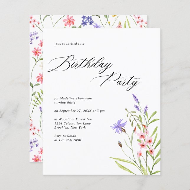 BUDGET Chic Wildblomma Watercolor Vuxen Birthday (Fram/baksida)
