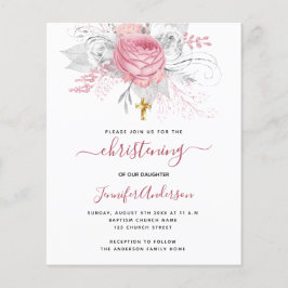 Budget Christening rosa blommigts-inbjudan