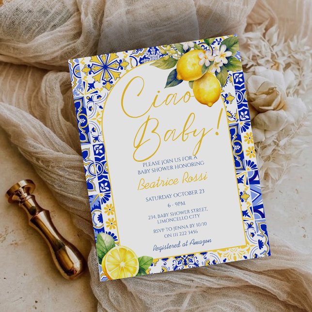 Budget Citron Ciao Baby Shower Amalfi Inbjudan (Budget Lemon Ciao Baby Amalfi Invitation)