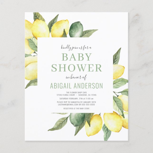 Budget Citrus Modern Baby Shower-inbjudan för citr Flygblad (Framsidan)