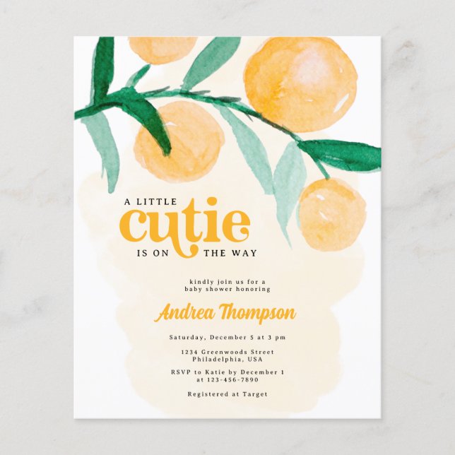 Budget Citrus Orange Little Cutie Baby Shower Flygblad (Framsidan)