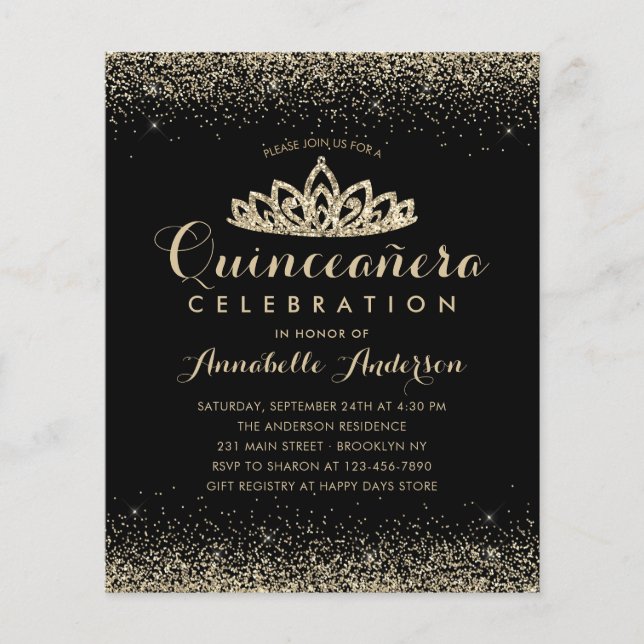 Budget Classic Black Guld Quinceañera Tiara Inbjud (Framsida)