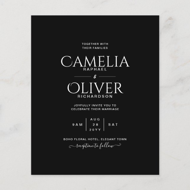 BUDGET Classic Black White MONOCHROME Bröllop Flygblad (Framsidan)
